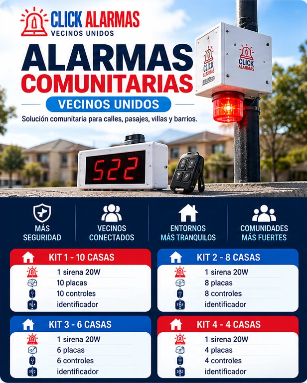 Alarmas comunitarias Vecinos Unidos: kits de 10, 8, 6 y 4 casas, con sirena, placas, controles e identificador
